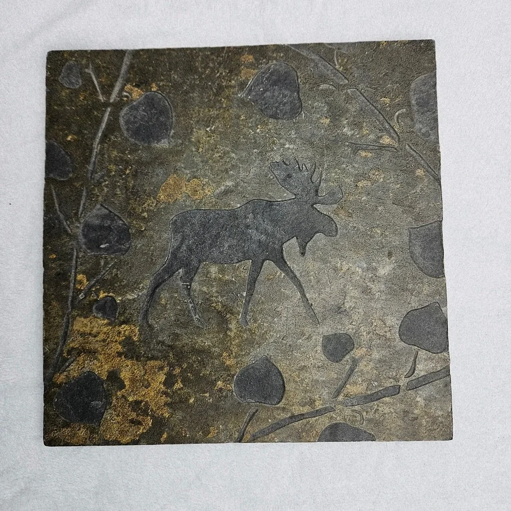 Quarry Collection Charles Mason Signed Moose Natural Stone Slate Trivet Tile 7.5